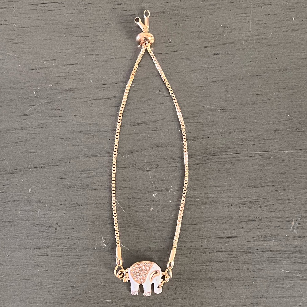 Elephant White Enamel 3/4" Charm & Rhinestone Gold Chain Adjustable Bracelet